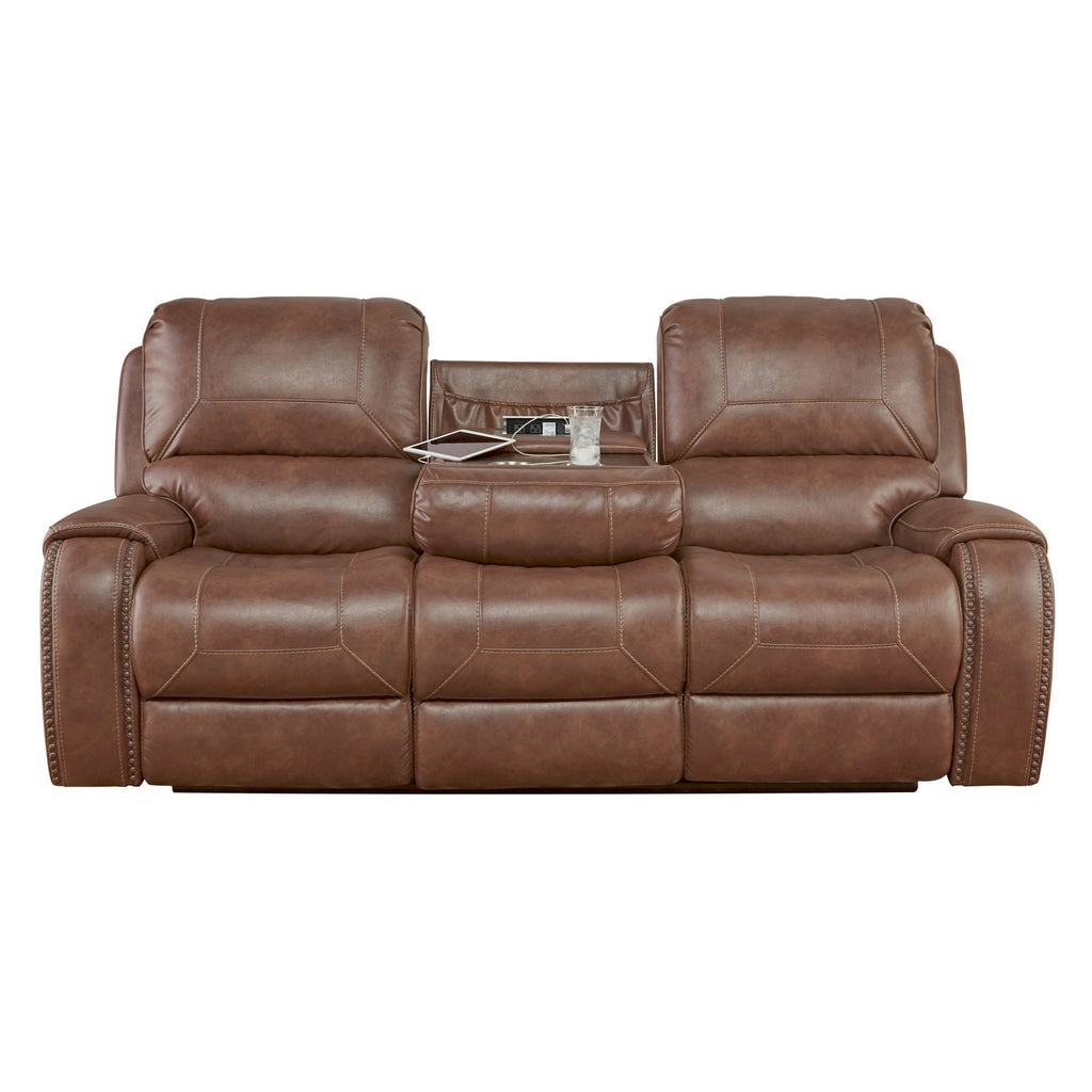 Brown Leather Manual Reclining Sofa with Storage Console and USB Port H8473