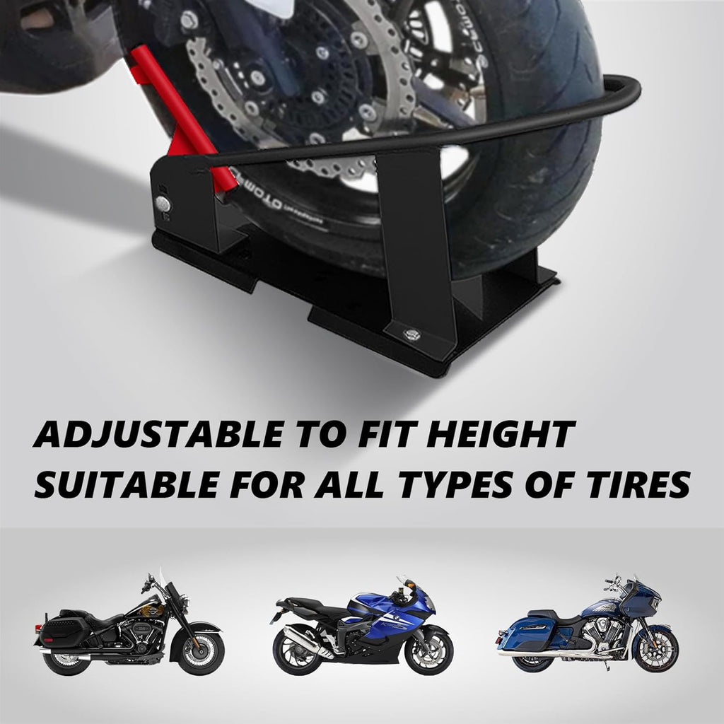 Heavy Duty Steel Motorcycle Wheel Chock, 1800 lbs Capacity Wheel Cradle Holder, Front Wheel Stand with 3 Adjustable Height Holes Q1138
