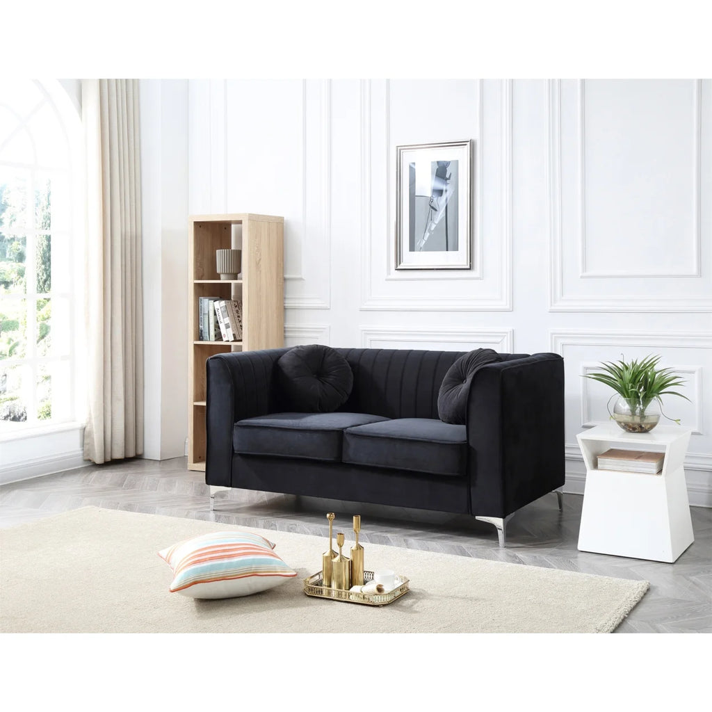 Black Tuxedo Arm Velvet Loveseat with 2-Throw Pillow R65361