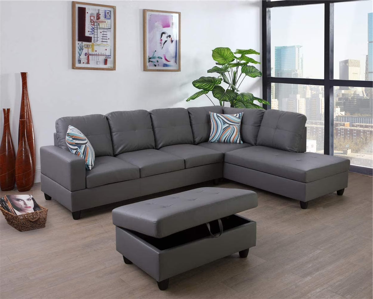 Dark Grey Faux Leather Sofa & Chaise with Ottoman U77409