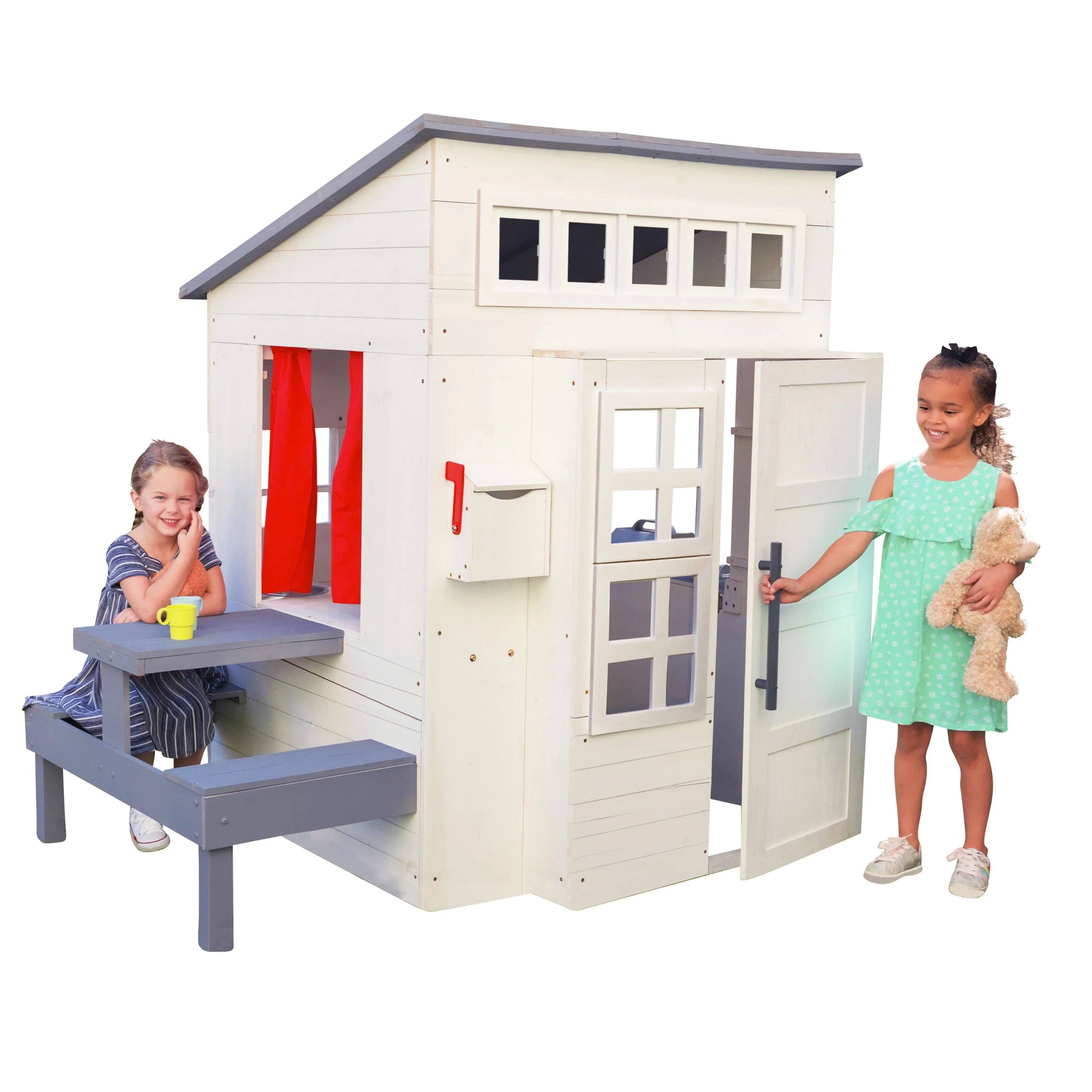 White Wooden Playhouse with Picnic Table, Mailbox & Outdoor Grill F740497