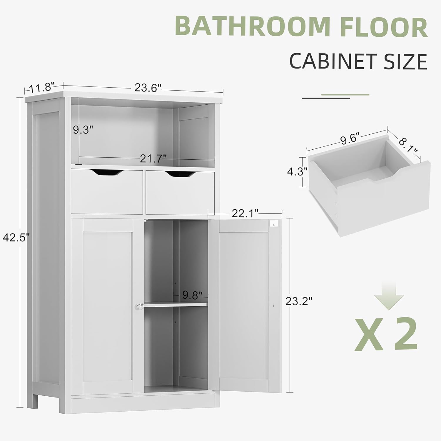 White Floor Storage Cabinet with Doors and Drawers and Adjustable Shelf I523169
