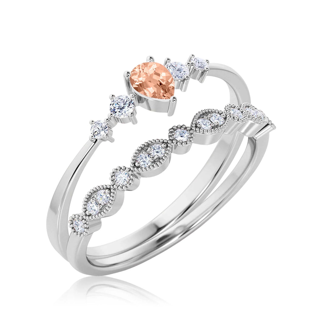 1.55 Carat Pear Cut Morganite And Diamond Moissanite Engagement Ring in 925 Sterling Silver With 18k White Gold Plating X9590
