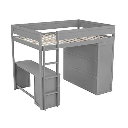 White Full Size Wooden Loft Bed with Storage Wardrobe and Desk O744485