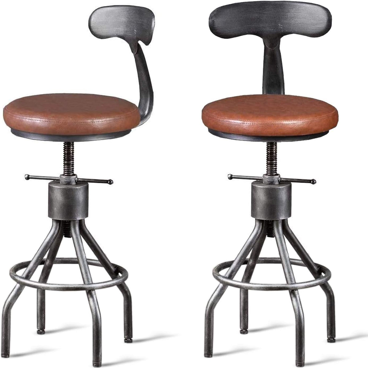 Industrial Vintage Bar Stool, Adjustable Pipe Stool, Cast Iron Stool, Swivel Bar Stool with Backrest, Metal Stool, Silver, Set of 2 K712822