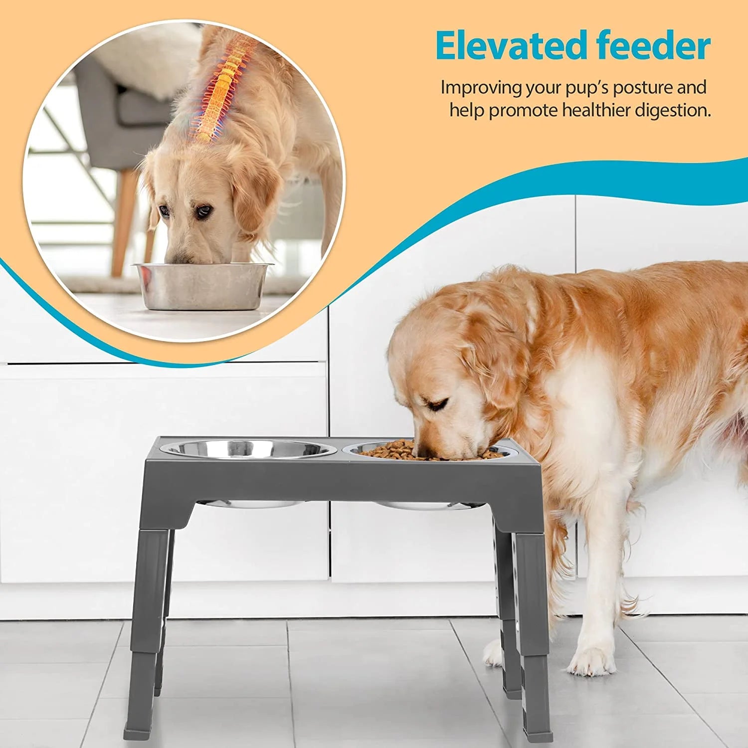 Elevated Dog Bowls Stand with 2 Stainless Steel Dishes, Raised Dog Bowl Adjusts to 5 Heights (Gray) I516