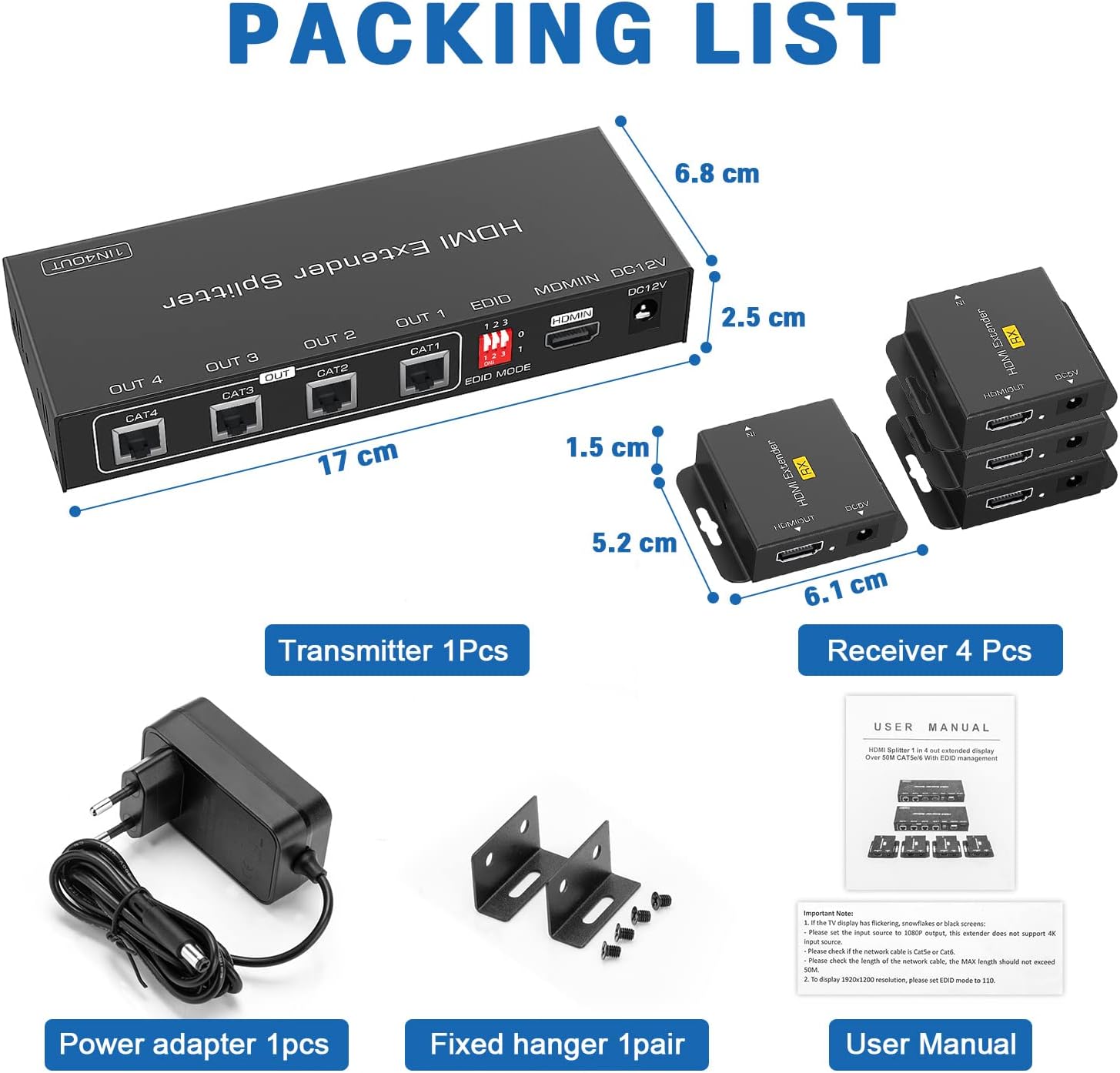 HDMI Extender Splitter 1x4, 165ft/50m, 1 in 4 Out, Over Cat5e/Cat6/7, 1080P@60hz E22835