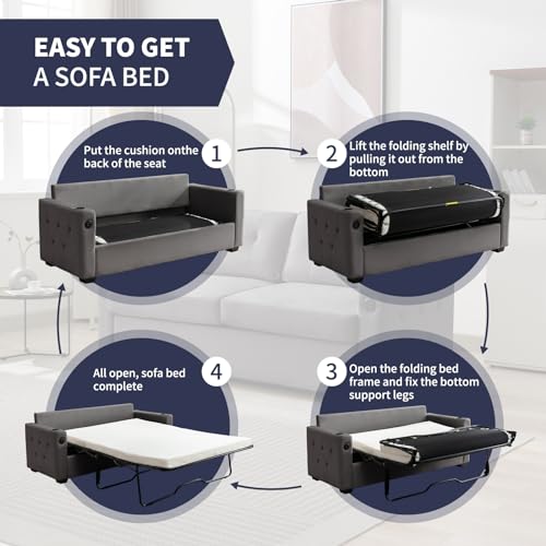 Beige Queen Pull Out Sofa Bed with Memory Foam Mattress J690