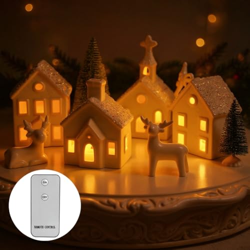 9 Piece Christmas Village Sets with 4 Remote Control Lighted Ceramic Houses, 2 Trees, 2 Deer & Santa Z172102