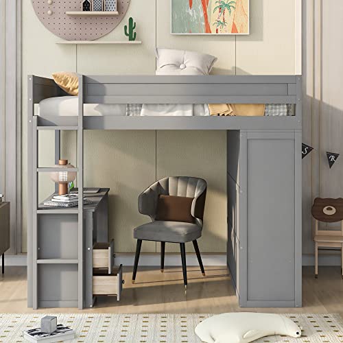 White Full Size Wooden Loft Bed with Storage Wardrobe and Desk O744485