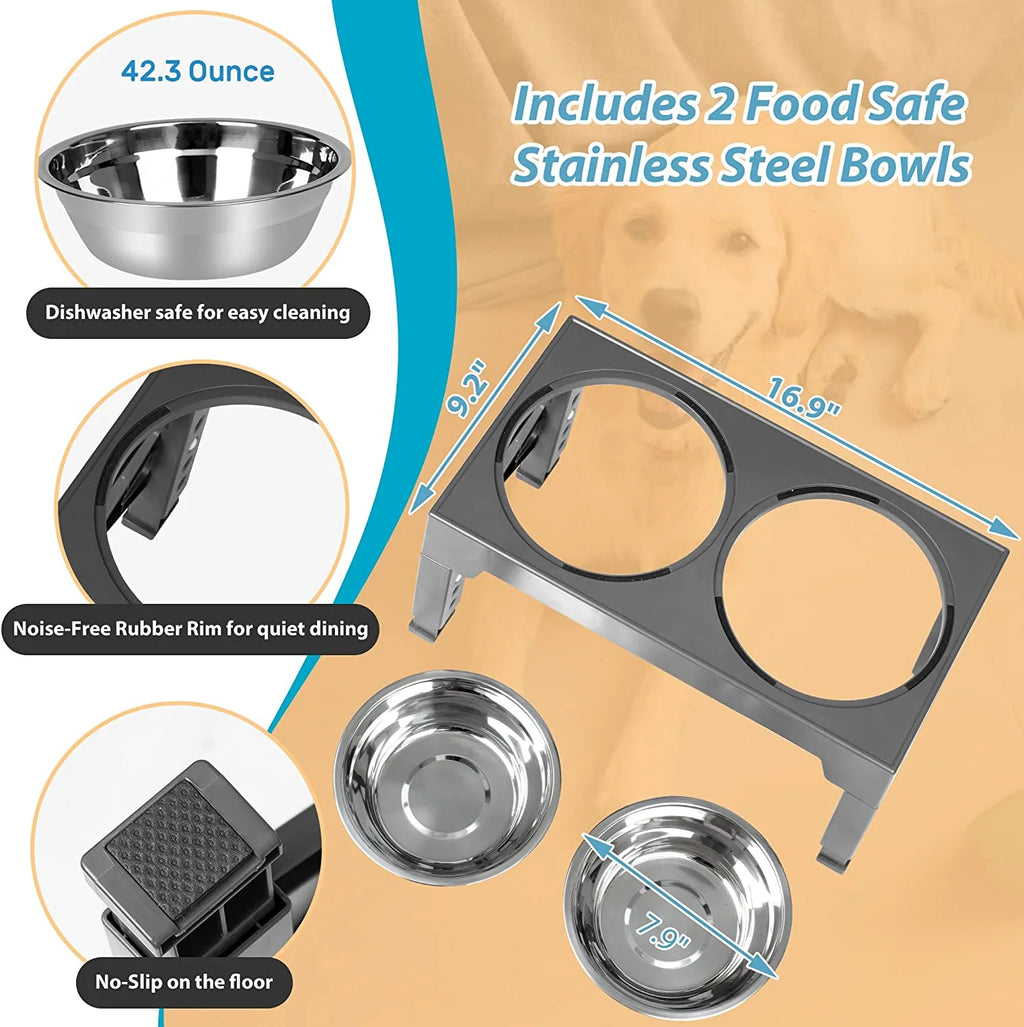 Elevated Dog Bowls Stand with 2 Stainless Steel Dishes, Raised Dog Bowl Adjusts to 5 Heights (Gray) I516