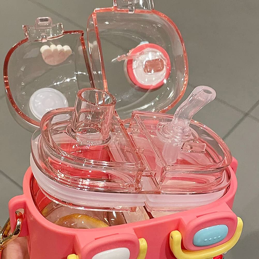 Pink Cartoon Double Layer Water Bottle with Straw R8780