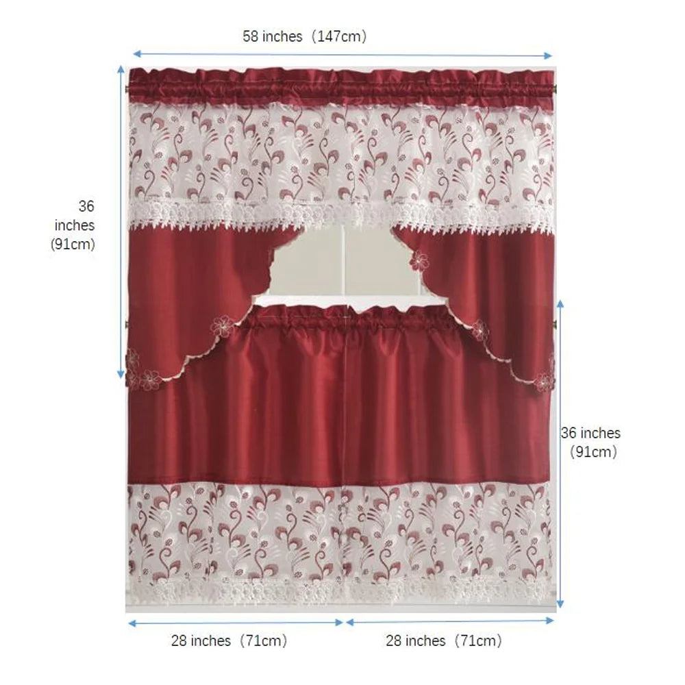 Burgundy 3-Piece Kitchen Curtain Tiers & Swag Set, 58x36 & 28x36 inches P884