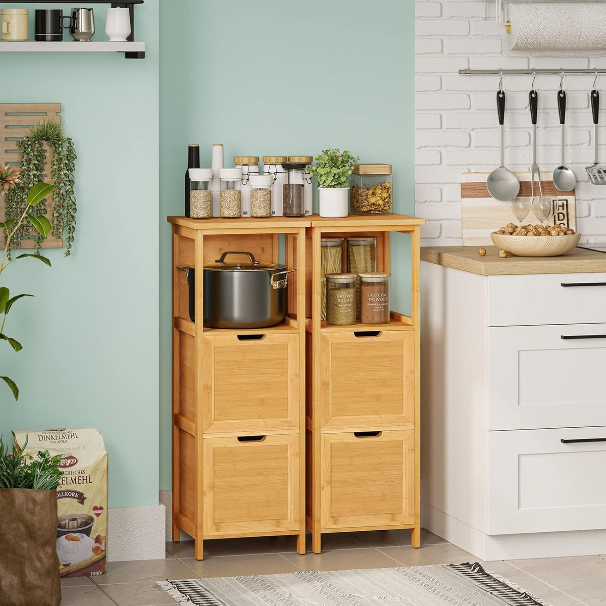 Bamboo Freestanding Corner Cabinet with 2 Removable Drawers and 3 Shelves N218