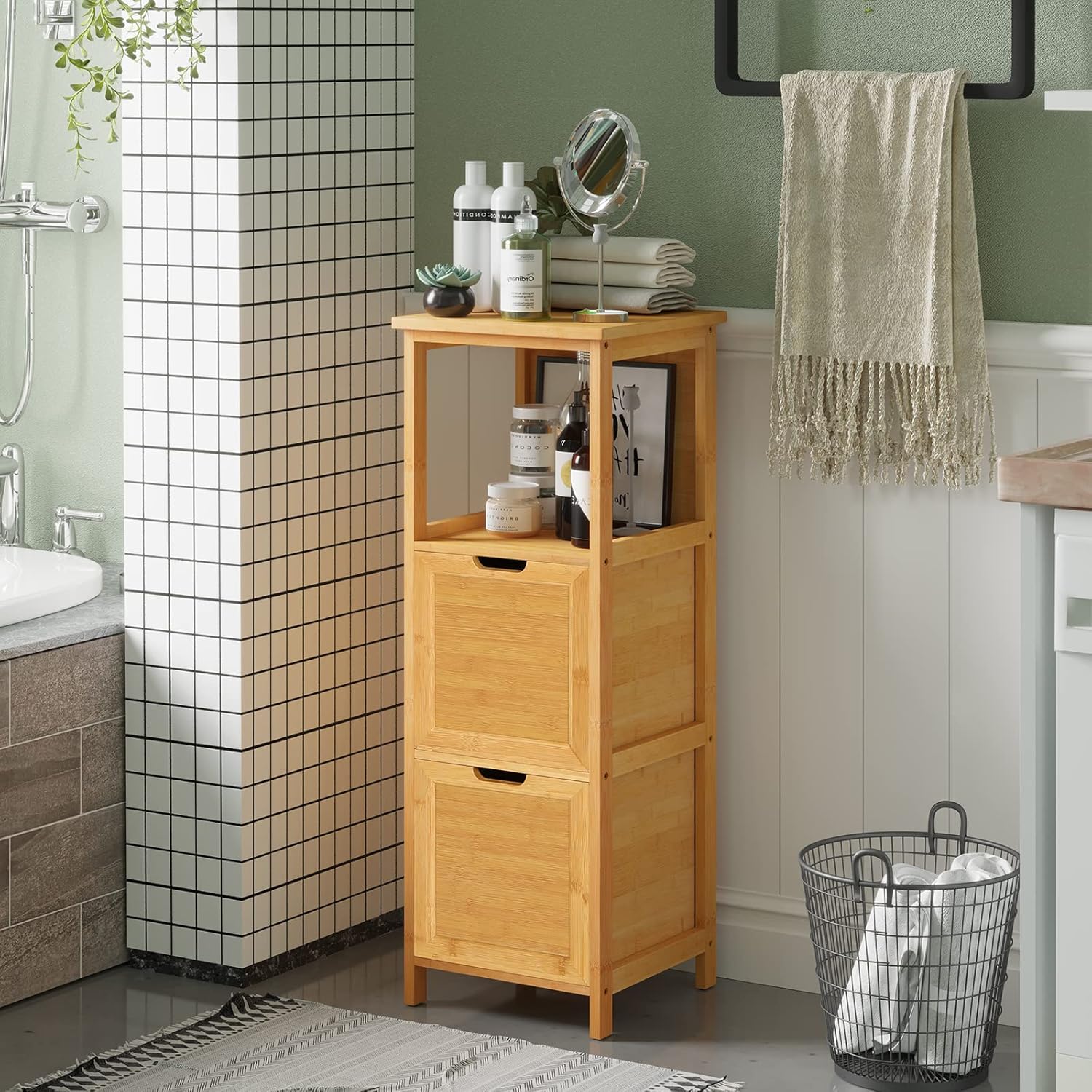 Bamboo Freestanding Corner Cabinet with 2 Removable Drawers and 3 Shelves N218