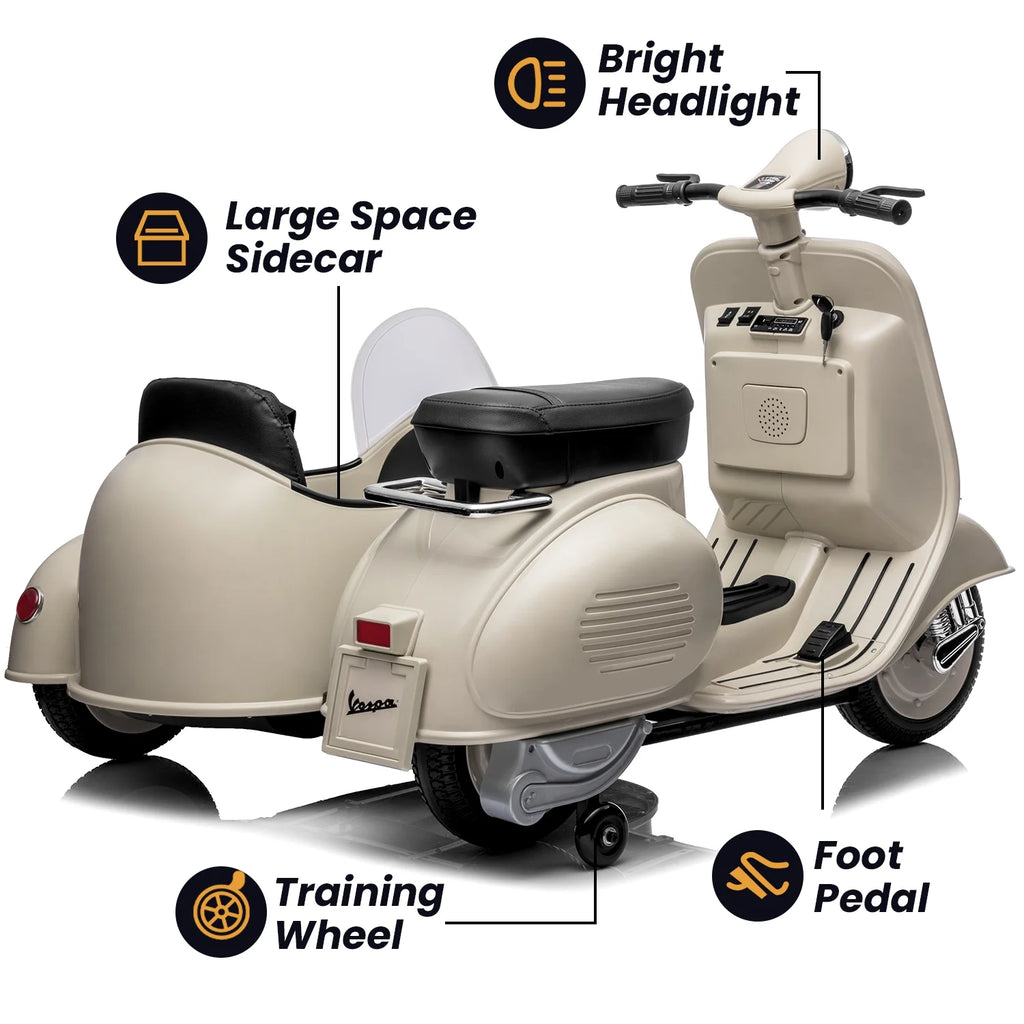 12V Licensed Vespa Ride on Motorcycle with Side Car, 2-Seater Electric Car for Kids, Grey K4003