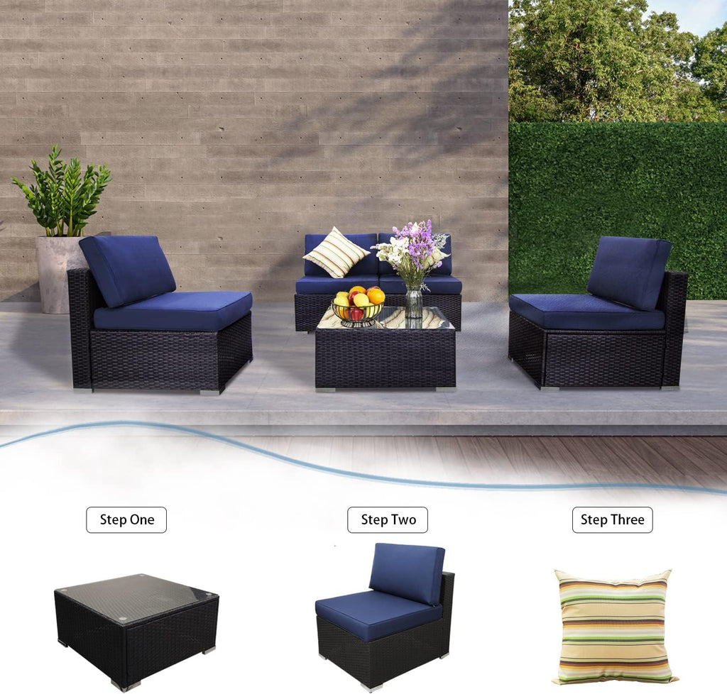 5 Piece Outdoor Rattan Sofa Set with Cushions and Tempered Glass Tea Table Y8295