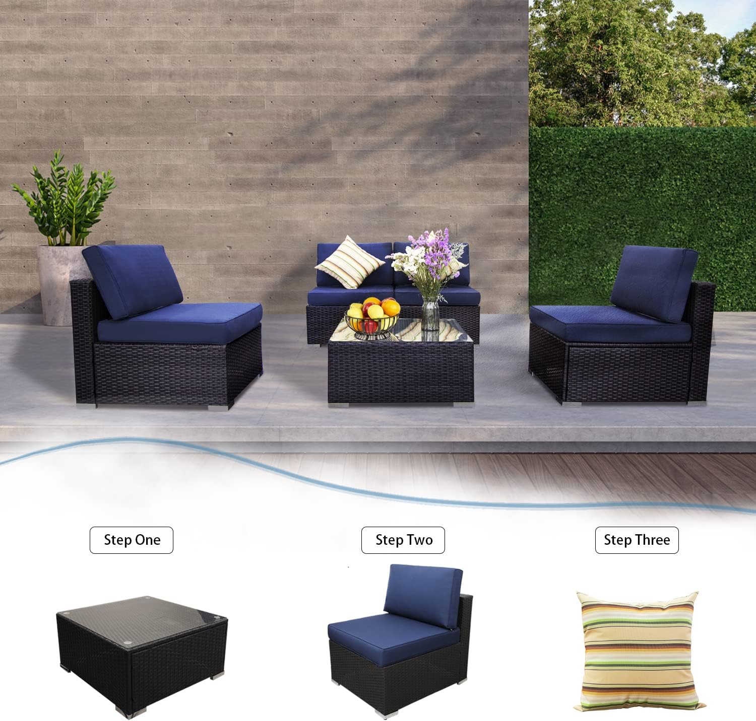 5 Piece Outdoor Rattan Sofa Set with Cushions and Tempered Glass Tea Table Y8295