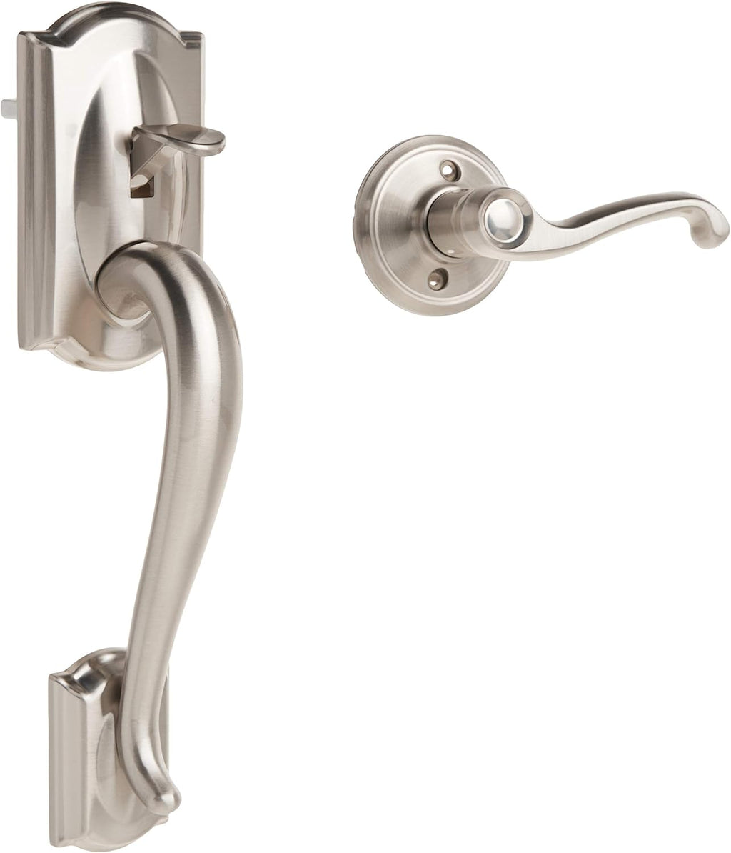 Satin Nickel Smart Deadbolt with Camelot Trim & Front Entry Handleset with Left Hand Lever U93134