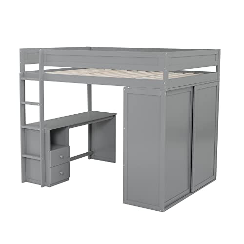 White Full Size Wooden Loft Bed with Storage Wardrobe and Desk O744485