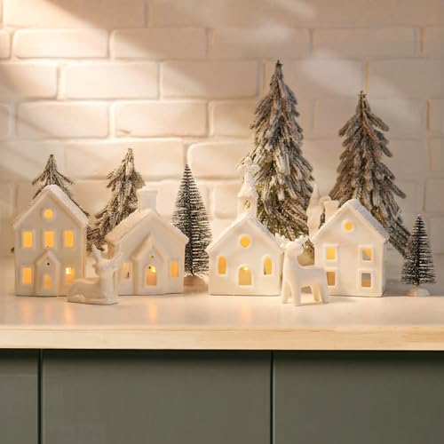 9 Piece Christmas Village Sets with 4 Remote Control Lighted Ceramic Houses, 2 Trees, 2 Deer & Santa Z172102