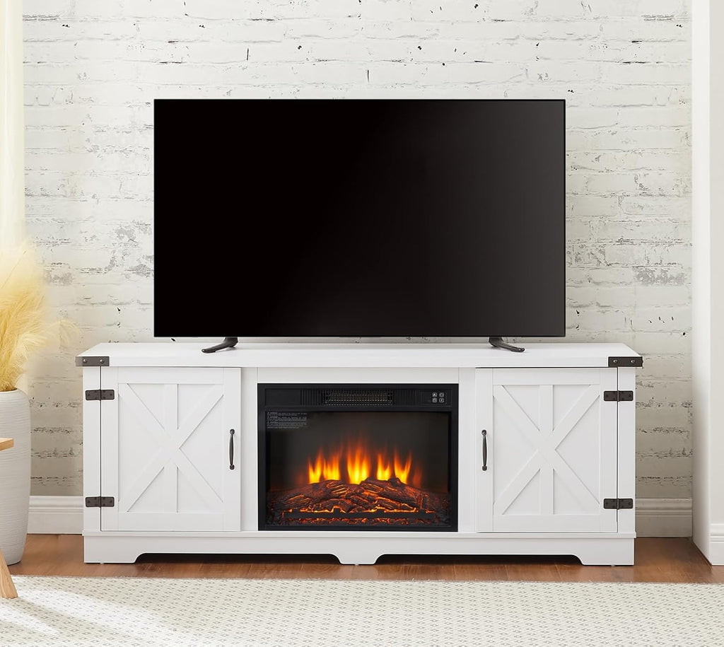 White 64.8" W TV Media Stand with Fireplace Insert X592300
