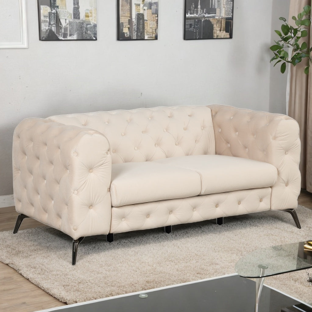 Beige Velvet Button Tufted 2-Person Loveseat Sofa Y4939