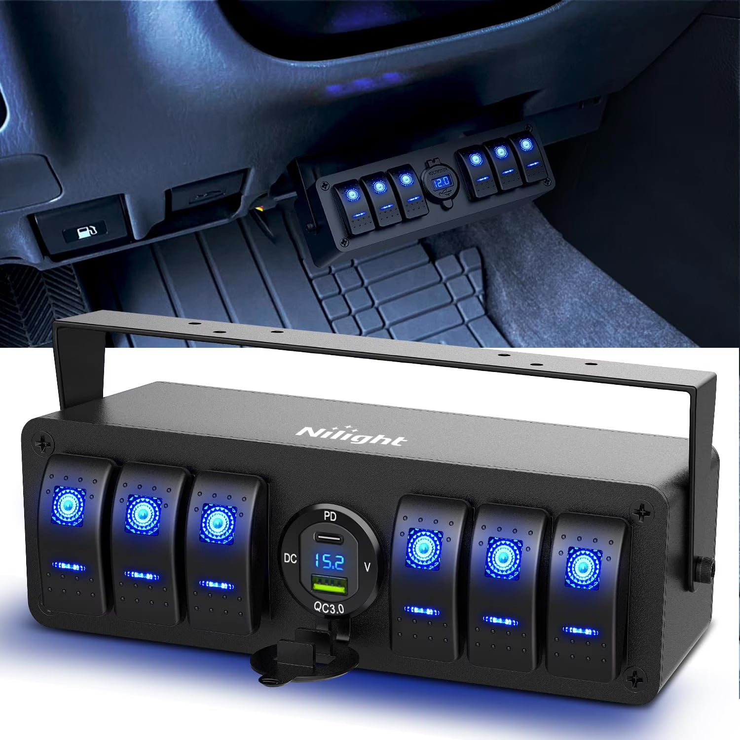 6 Gang Rocker Switch Panel with USB Charger Voltmeter Z93364