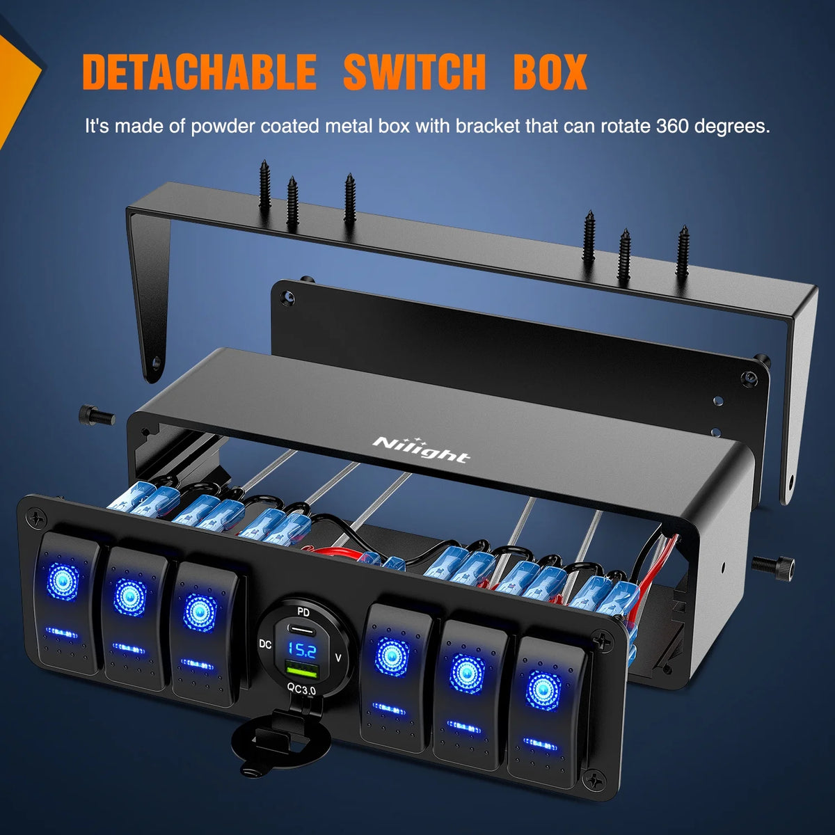 6 Gang Rocker Switch Panel with USB Charger Voltmeter Z93364