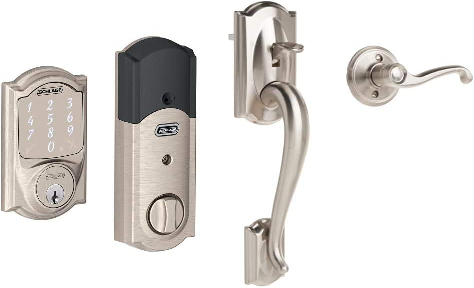 Satin Nickel Smart Deadbolt with Camelot Trim & Front Entry Handleset with Left Hand Lever U93134