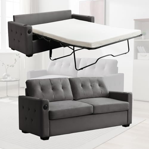 Beige Queen Pull Out Sofa Bed with Memory Foam Mattress J690