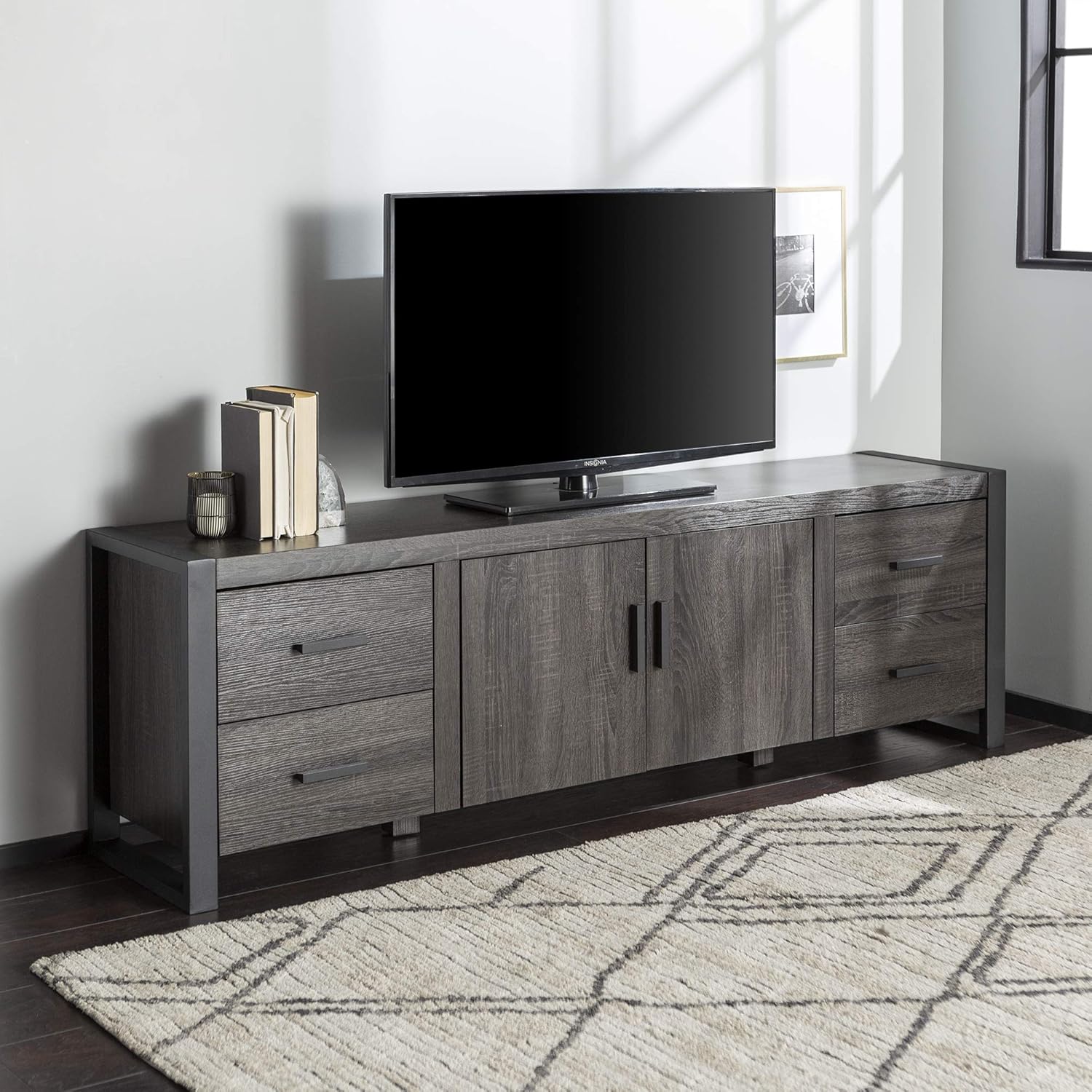 60 Inch Wood TV Stand with Cabinet Doors and Open Shelves Z6098