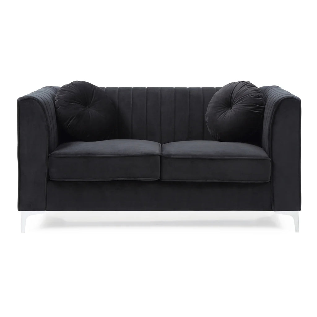 Black Tuxedo Arm Velvet Loveseat with 2-Throw Pillow R65361