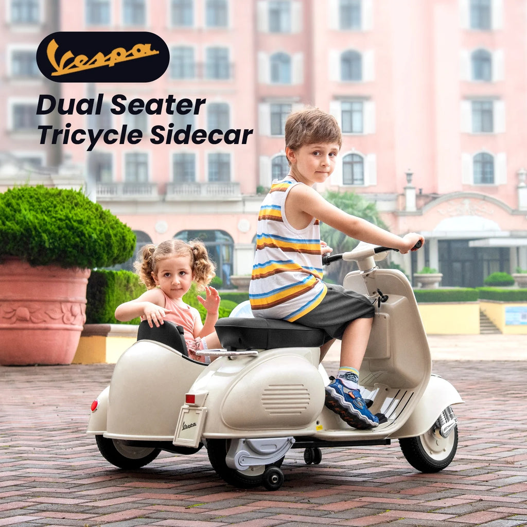 12V Licensed Vespa Ride on Motorcycle with Side Car, 2-Seater Electric Car for Kids, Grey K4003