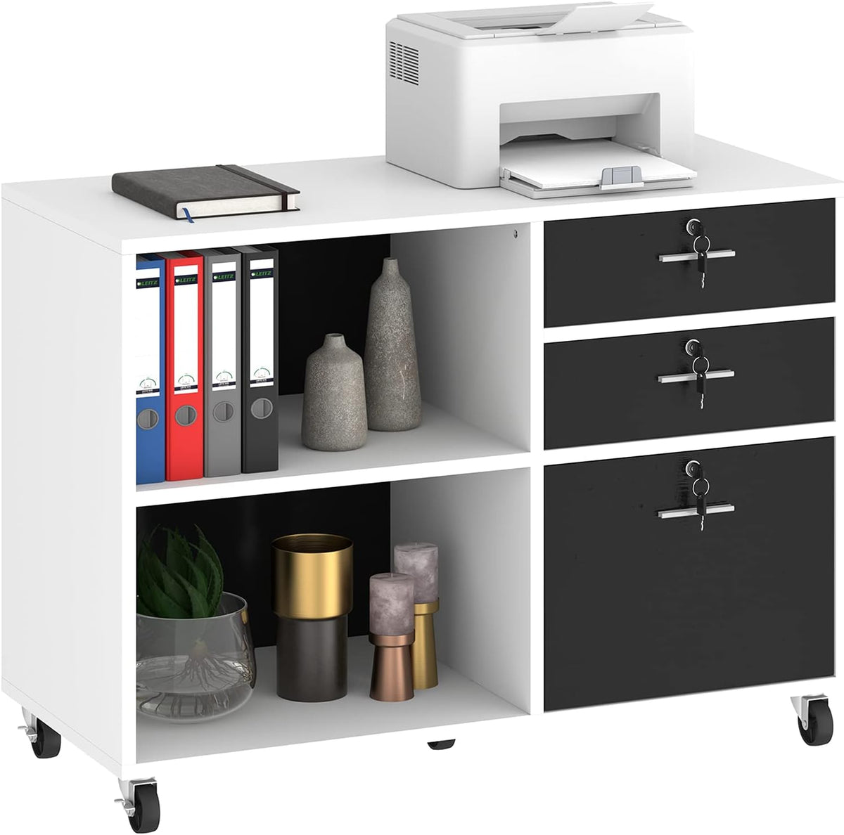 Black 3 Drawer Mobile Wood File Cabinet with 2 Open Shelves A9746