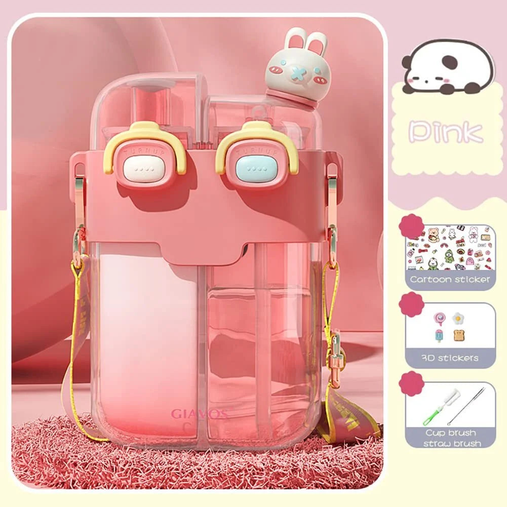 Pink Cartoon Double Layer Water Bottle with Straw R8780
