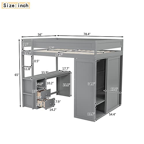 White Full Size Wooden Loft Bed with Storage Wardrobe and Desk O744485