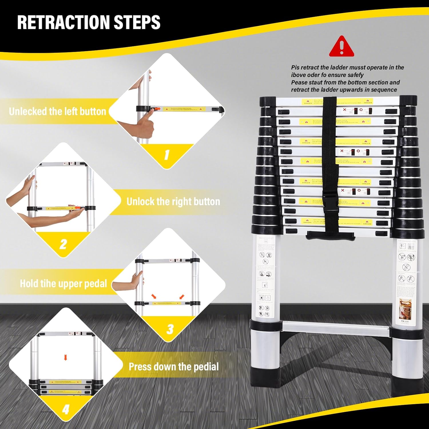 14.5FT Telescoping Aluminum Extension Ladder with Triangular Stabilizer E76667