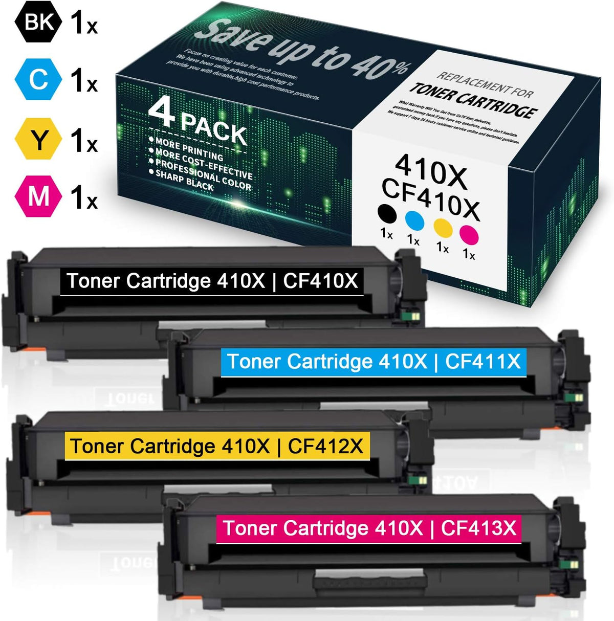 4 Pack High Yield CF410X CF411X CF412X CF413X Toner Cartridge Replacement for HP Color Pro M452 M477 MFP M60298