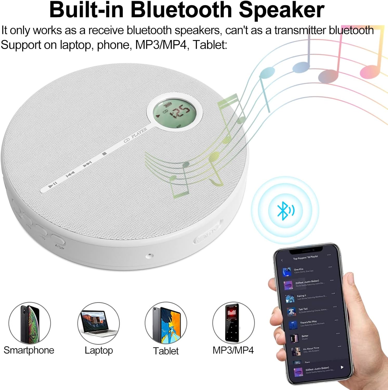 Rechargeable CD Player with Bluetooth, Gray, Pack of 2 W48863