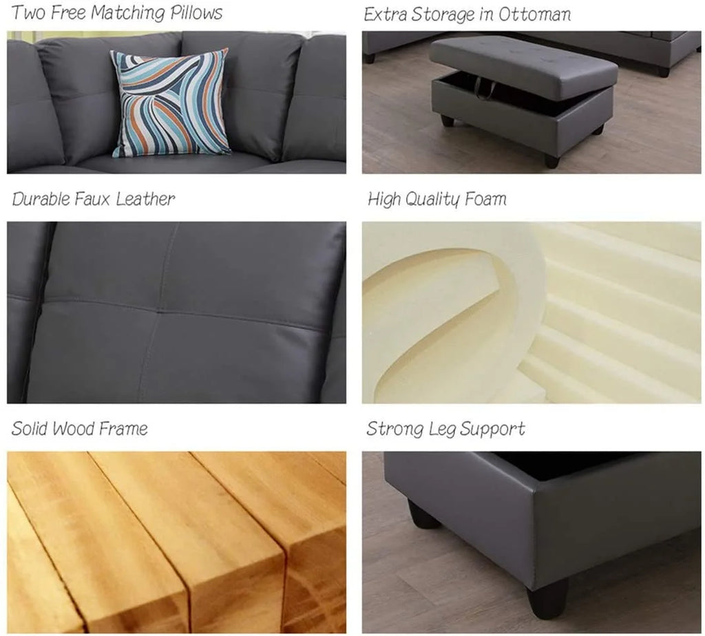 Dark Grey Faux Leather Sofa & Chaise with Ottoman U77409