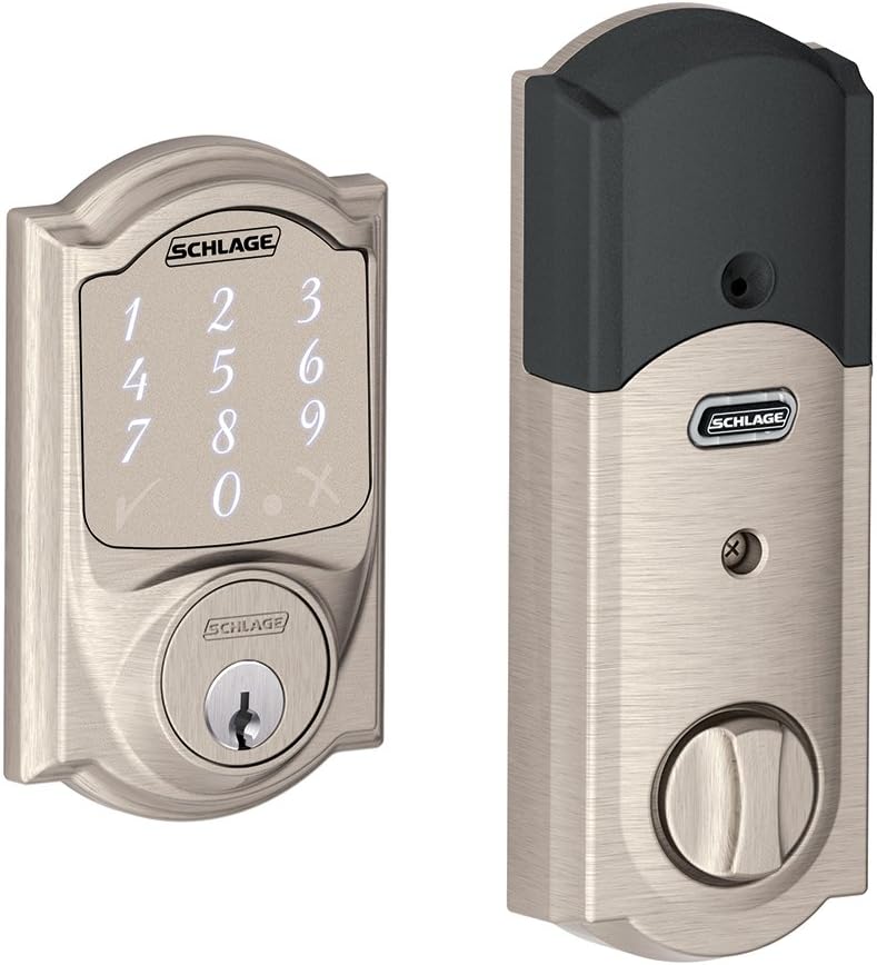 Satin Nickel Smart Deadbolt with Camelot Trim & Front Entry Handleset with Left Hand Lever U93134
