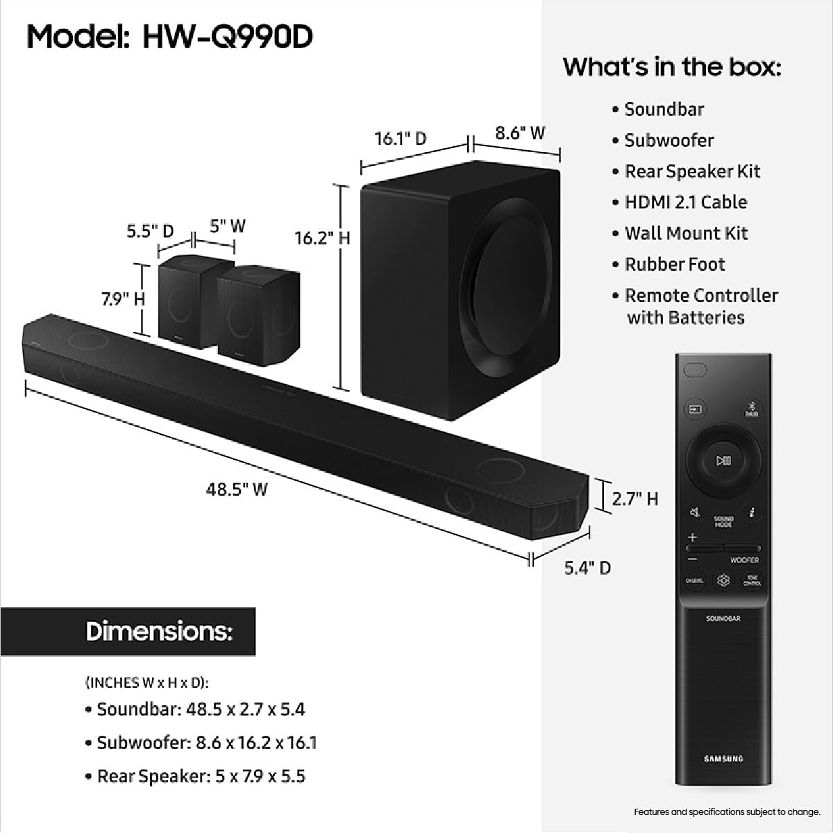 11.1.4ch Soundbar with Wireless Dolby Atmos Audio, Rear Speaker Included Q45014