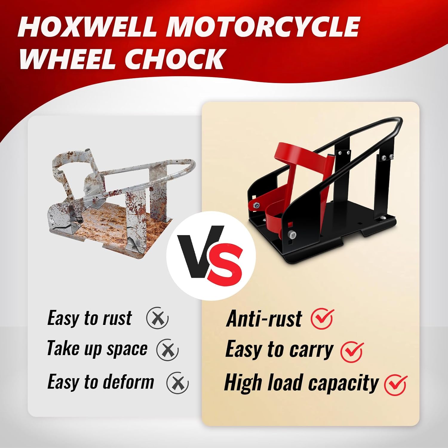 Heavy Duty Steel Motorcycle Wheel Chock, 1800 lbs Capacity Wheel Cradle Holder, Front Wheel Stand with 3 Adjustable Height Holes Q1138