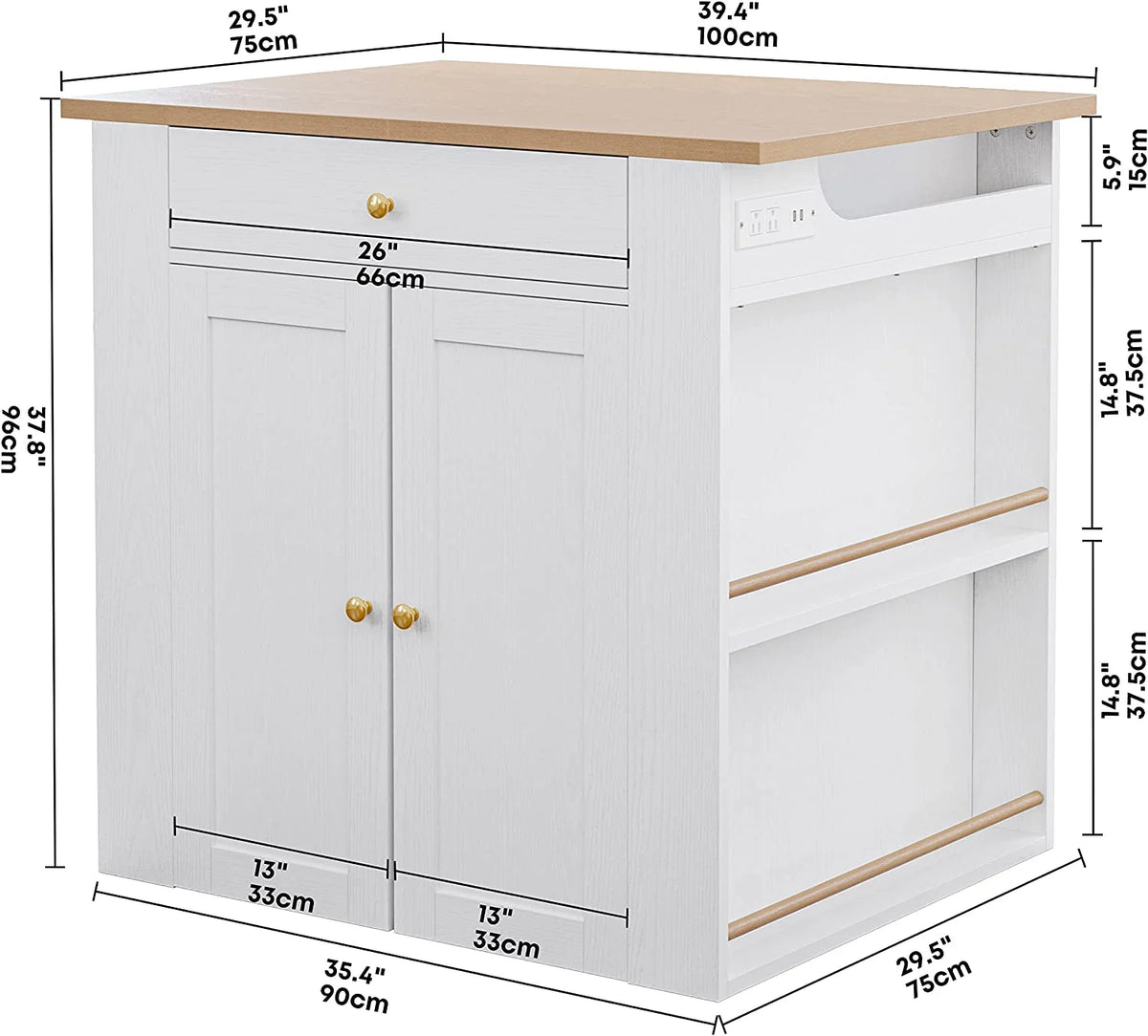 White Kitchen Island with Charging Station W7455