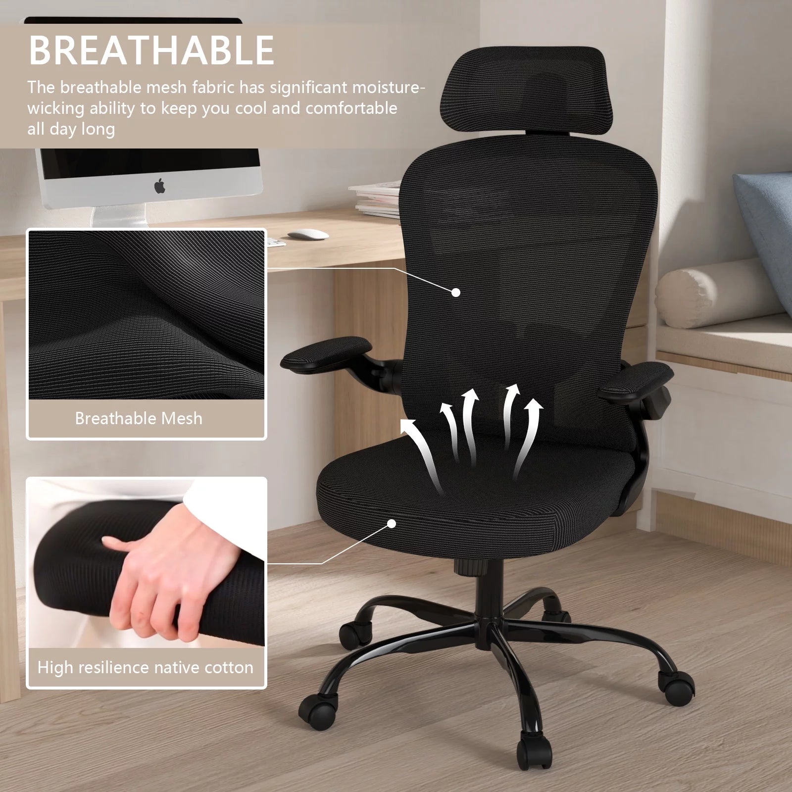 High Back Ergonomic Swivel Office Chair with Flip-up Armrests, Black P5575