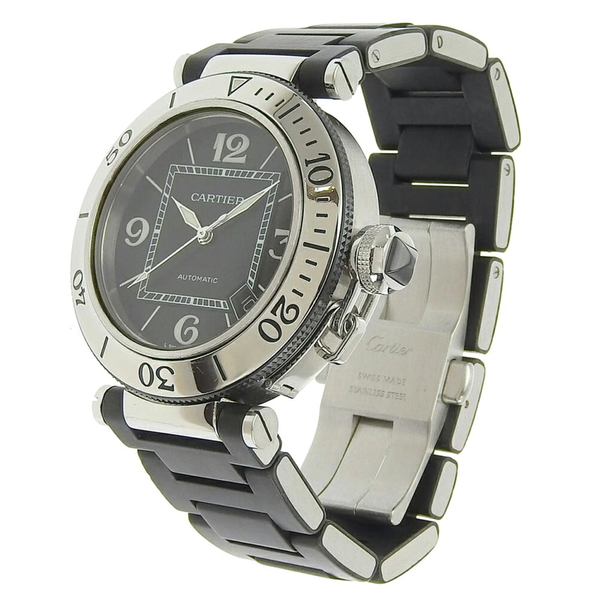 Pre-Owned Stainless Steel x Rubber Silver Black Automatic Dial Watch Z801