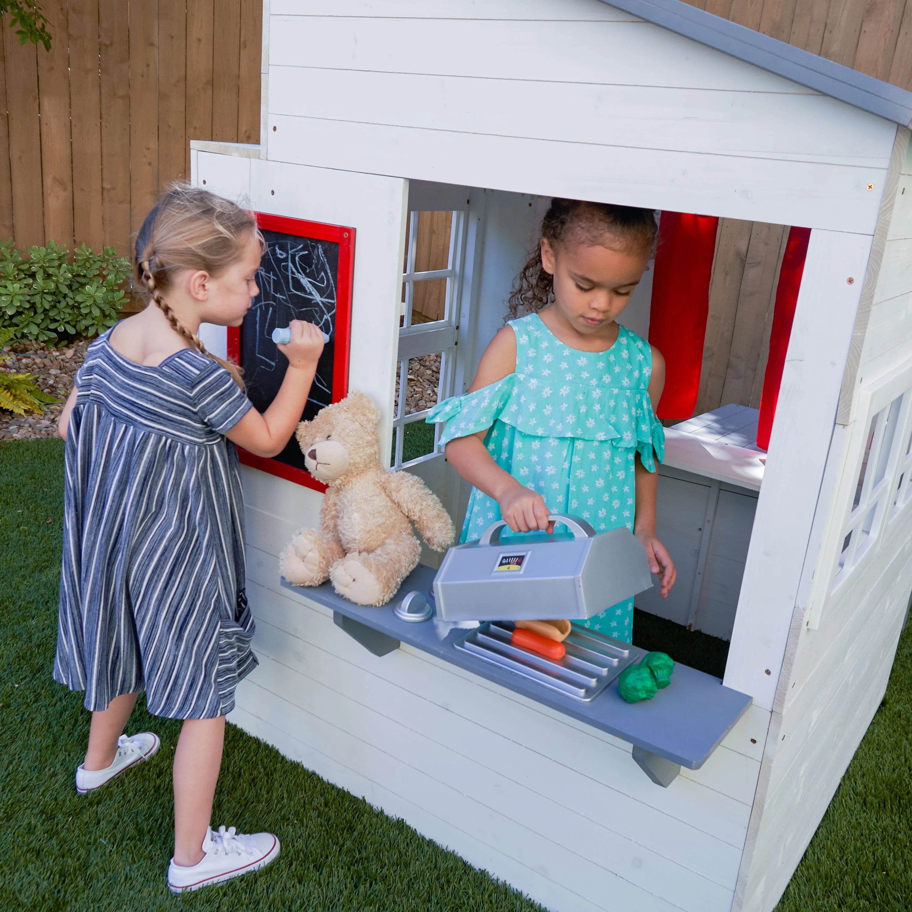 White Wooden Playhouse with Picnic Table, Mailbox & Outdoor Grill F740497