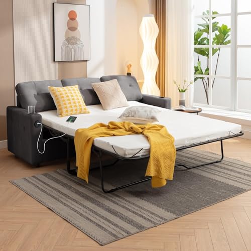 Beige Queen Pull Out Sofa Bed with Memory Foam Mattress J690
