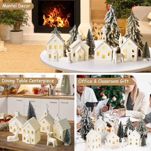 9 Piece Christmas Village Sets with 4 Remote Control Lighted Ceramic Houses, 2 Trees, 2 Deer & Santa Z172102